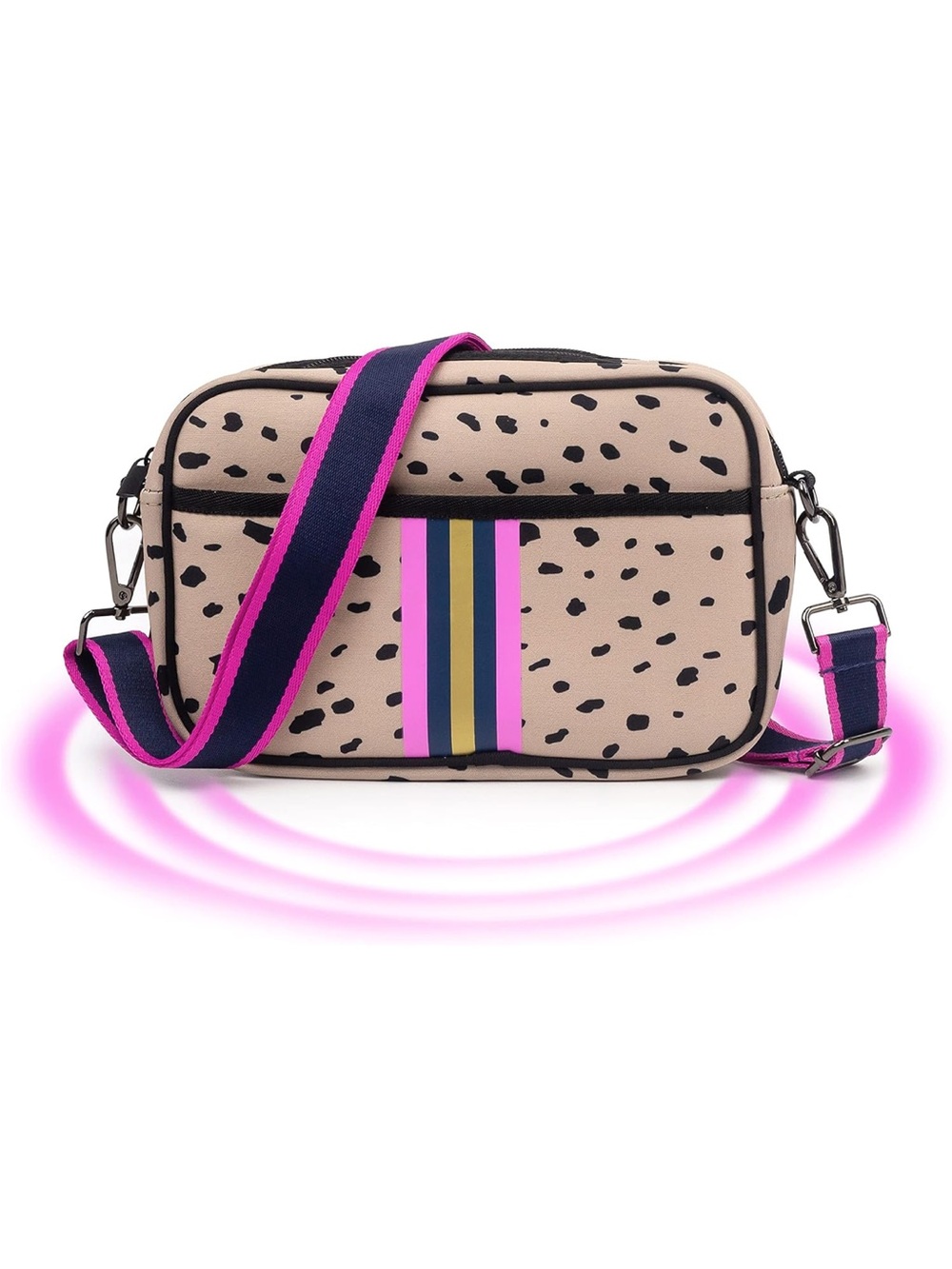 NWT IBEE Beige Neoprene Leopard Animal Print Crossbody Bag with Pink-Trim Strap